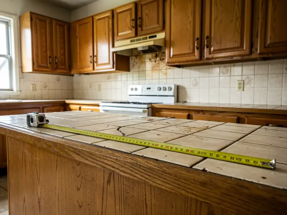 A dated honey-oak kitchen with a tape measure stretched along the tile counter