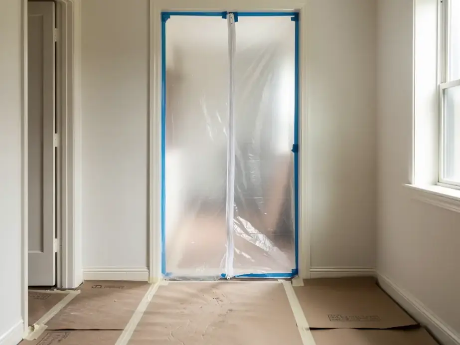 A doorway sealed floor to ceiling with plastic sheeting and a zip entry, floor covered in protective paper