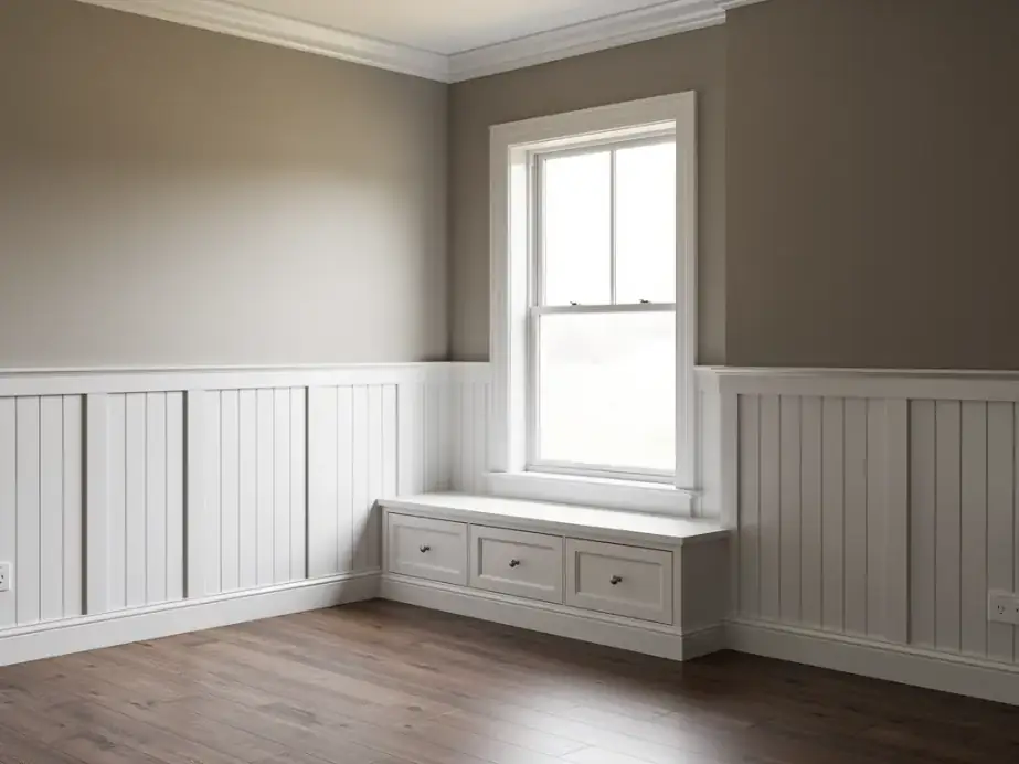 Board-and-batten wainscoting and a built-in window seat