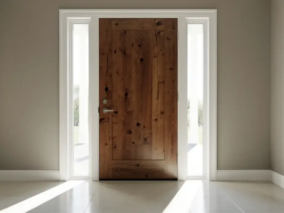 Walnut-stained entry door with glass sidelites