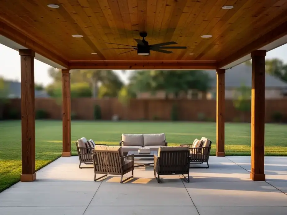 Cedar tongue-and-groove patio ceiling with a ceiling fan